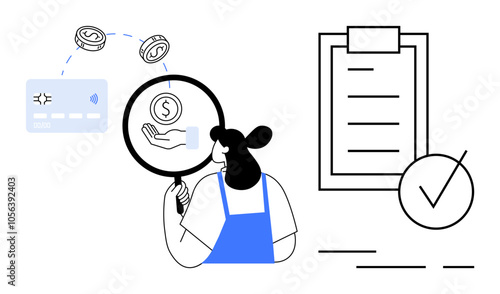 Woman inspecting financial transactions via magnifying glass, credit card, coins, and checklist. Ideal for finance monitoring, audits, financial education, personal budgeting, payment verification