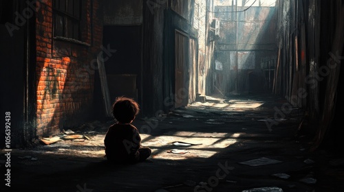 An abandoned child sitting alone in a deserted alley, surrounded by shadows in a gloomy urban environment