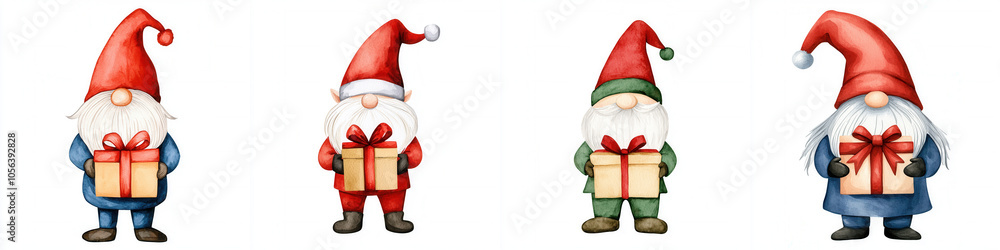 Four cheerful gnomes in festive outfits, each holding a beautifully wrapped gift, embodying the spirit of celebration and joy.