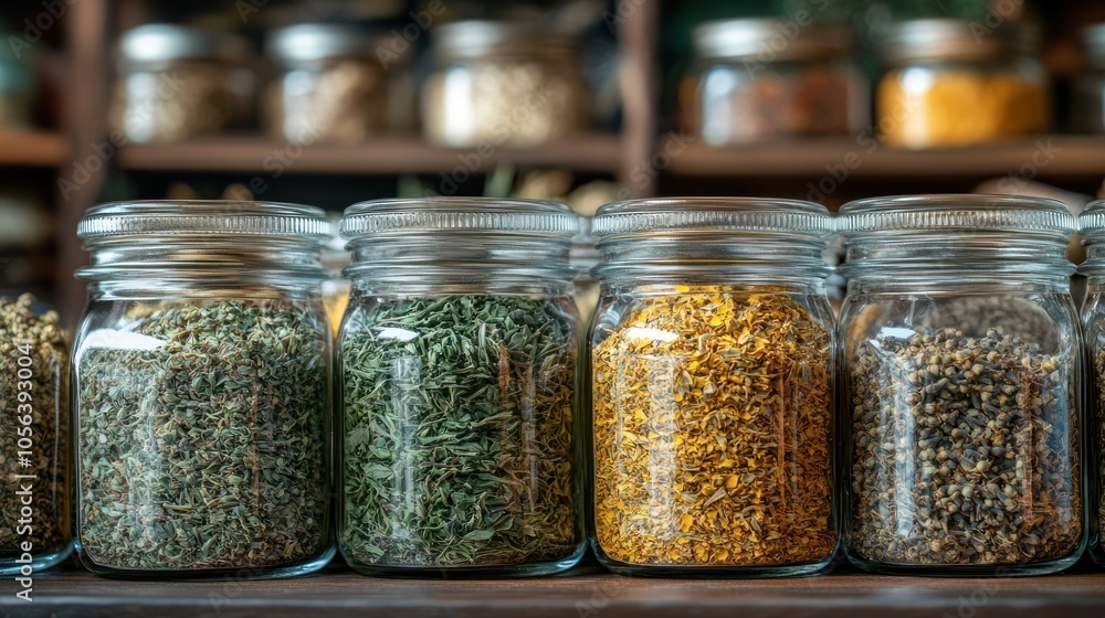 Dried Herbs and Spices in Glass Jars Dried Herbs and Spices in Glass Jars