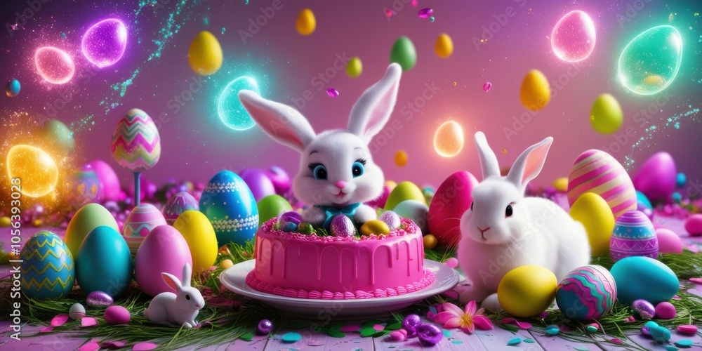 Easter bunny, festive cake, colorful Easter eggs, pastel colors, sparkles, glitter, whimsical, magical atmosphere, vibrant backdrop, celebration, fantasy setting, soft lighting, detailed textures, pho Easter bunny, festive cake, colorful Easter eggs, pastel colors, sparkles, glitter, whimsical, magical atmosphere, vibrant backdrop, celebration, fantasy setting, soft lighting, detailed textures, pho