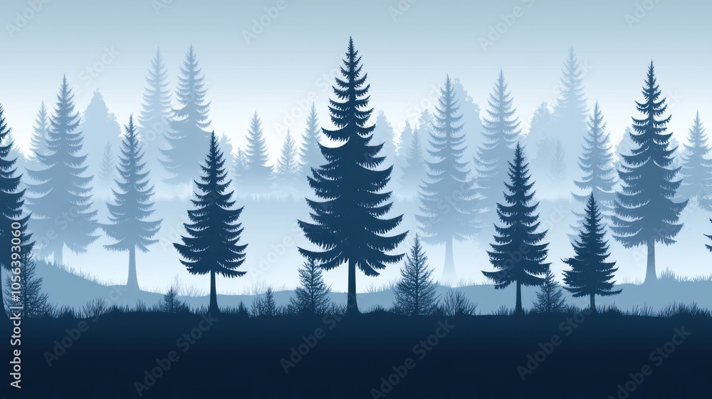 Obraz premium A serene landscape featuring silhouettes of pine trees against a misty background.