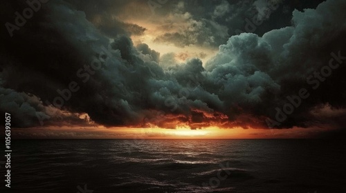 Dark, threatening clouds form in the sky over the ocean. generative ai