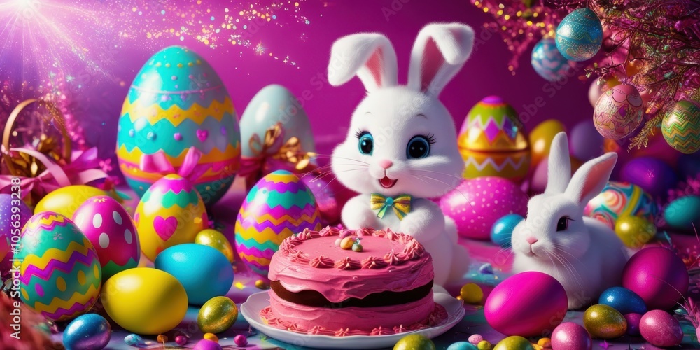 Easter bunny, festive cake, colorful Easter eggs, pastel colors, sparkles, glitter, whimsical, magical atmosphere, vibrant backdrop, celebration, fantasy setting, soft lighting, detailed textures, pho Easter bunny, festive cake, colorful Easter eggs, pastel colors, sparkles, glitter, whimsical, magical atmosphere, vibrant backdrop, celebration, fantasy setting, soft lighting, detailed textures, pho