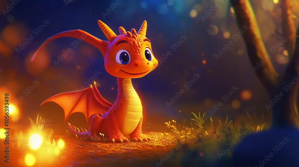 A cheerful orange dragon sits in a magical forest during twilight, surrounded by glowing orbs A cheerful orange dragon sits in a magical forest during twilight, surrounded by glowing orbs