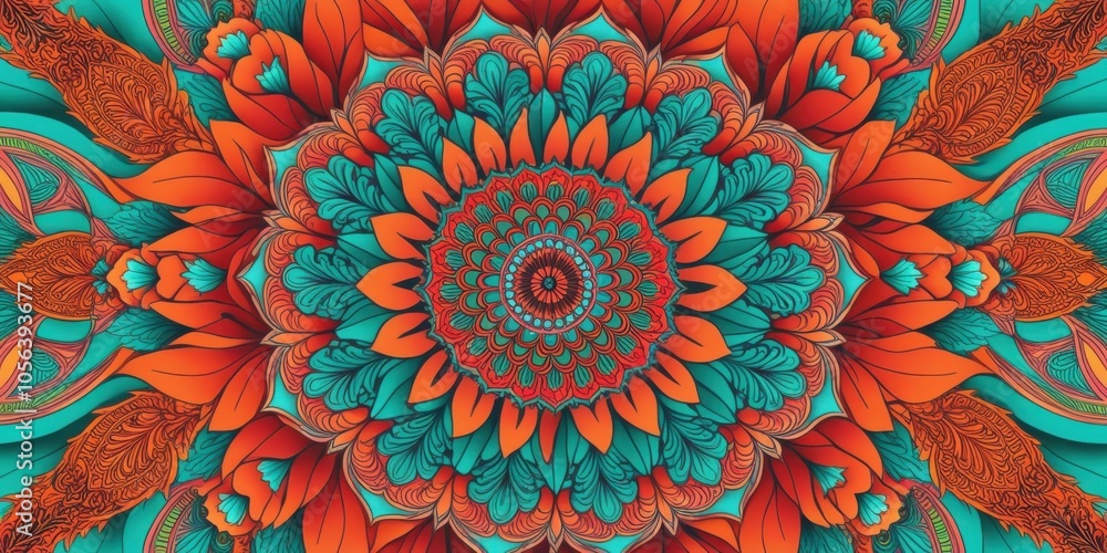 Vibrant kaleidoscope pattern, mandala design, teal and orange color scheme, intricate floral motifs, symmetrical radial composition, psychedelic art style, digital fractal artwork, bold contrasting co Vibrant kaleidoscope pattern, mandala design, teal and orange color scheme, intricate floral motifs, symmetrical radial composition, psychedelic art style, digital fractal artwork, bold contrasting co