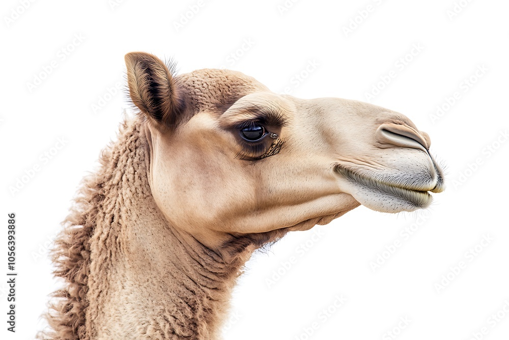 Obraz premium Close-up of dromedary camel isolated on white background showing fur and face