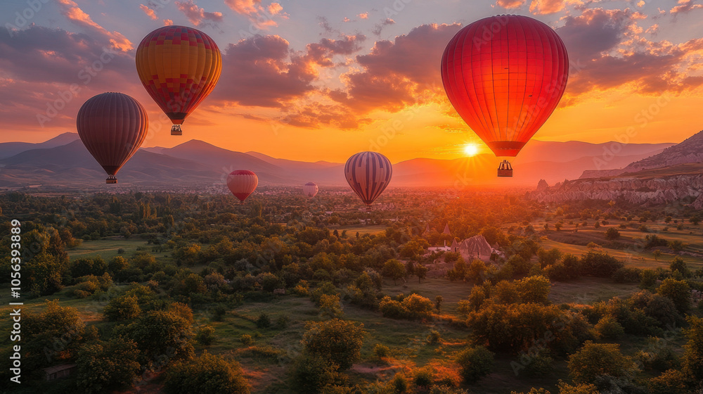 Fototapeta premium Breathtaking hot air balloons soar over picturesque landscape at sunset, casting vibrant colors against sky. serene view captures beauty of nature and adventure