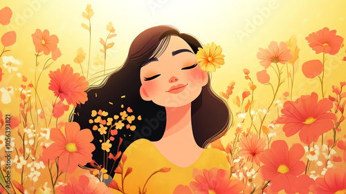 A young woman enjoys a sunny day surrounded by vibrant flowers in a blooming garden