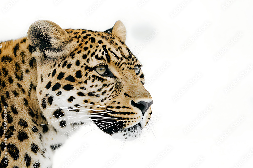 Close-up portrait of a leopard looking slightly to the side, isolated on white background Close-up portrait of a leopard looking slightly to the side, isolated on white background