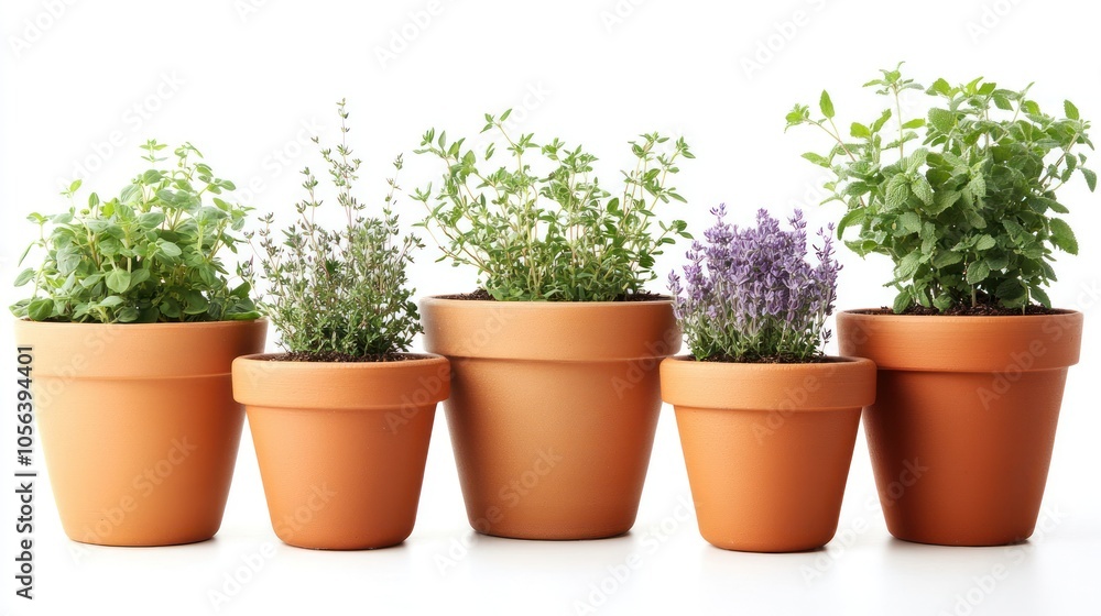A row of potted herbs in terracotta pots, showcasing various green plants for culinary use. A row of potted herbs in terracotta pots, showcasing various green plants for culinary use.