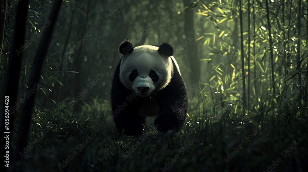 A giant panda walks through a bamboo forest. A giant panda walks through a bamboo forest.