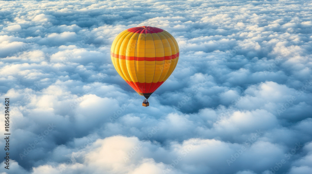 Naklejka premium colorful hot air balloon floating above clouds creates serene and breathtaking scene. vibrant colors contrast beautifully with soft, fluffy clouds below, evoking sense of adventure and tranquility