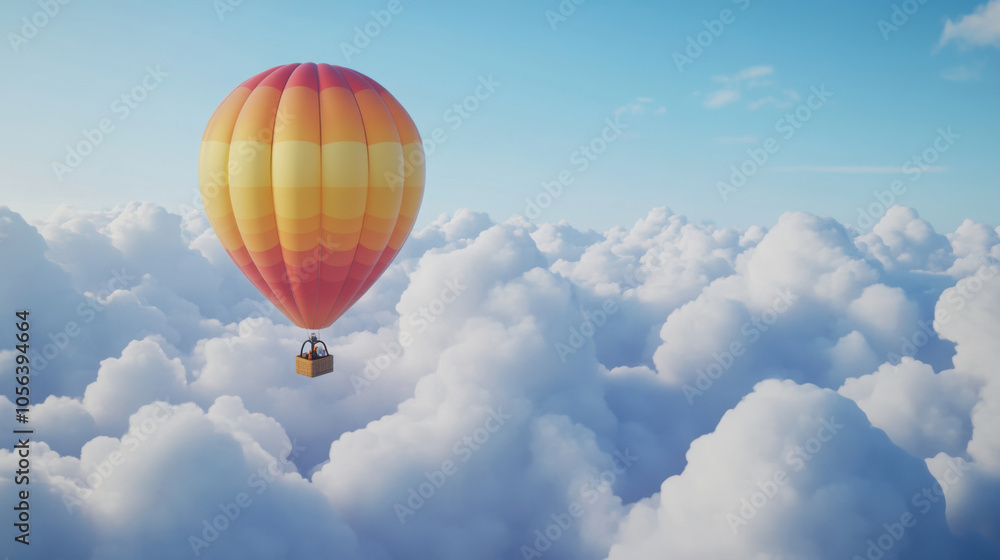 Naklejka premium colorful hot air balloon floats gracefully above fluffy clouds, creating serene and uplifting scene. vibrant colors contrast beautifully with soft white clouds, evoking sense of adventure and