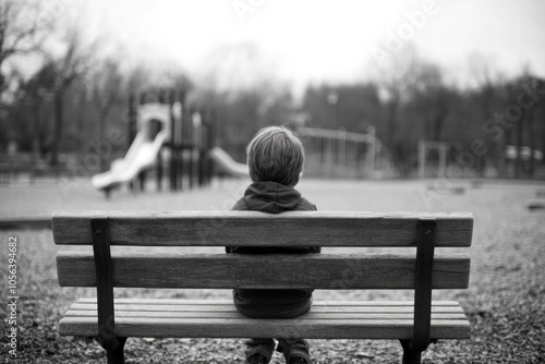 Emotionally neglected child sitting alone on a park bench, with an empty playground in the background photo