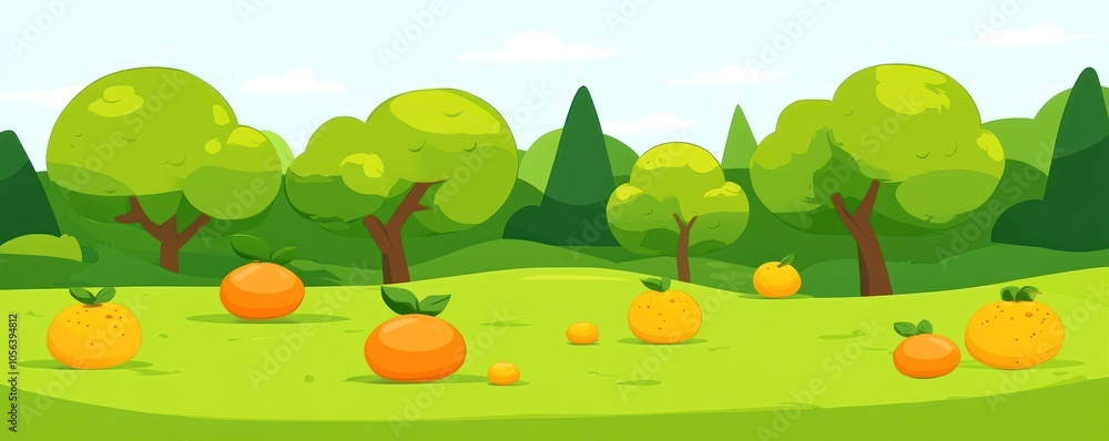 Naklejka premium A colorful landscape featuring oranges and trees in a cartoon style.