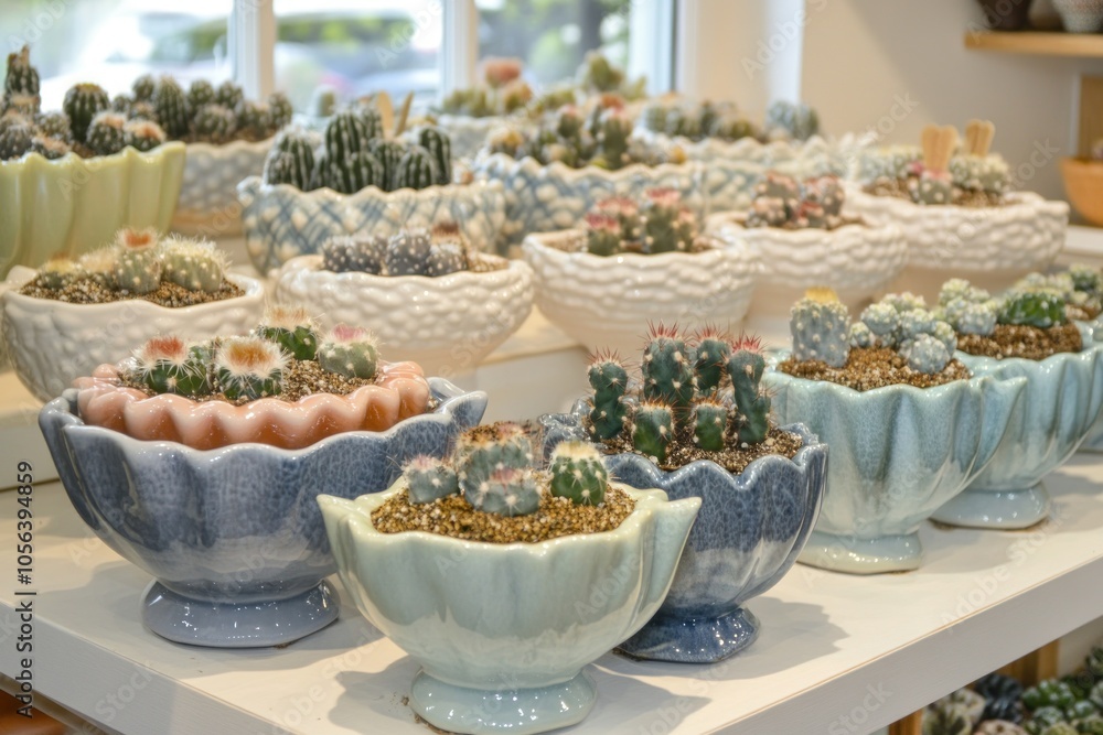 A display of decorative pots filled with various small cacti arranged on a shelf. A display of decorative pots filled with various small cacti arranged on a shelf.