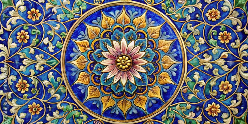 Intricate floral patterns and delicate details adorn a circular tile, showcasing the artistry of decorative craftsmanship Intricate floral patterns and delicate details adorn a circular tile, showcasing the artistry of decorative craftsmanship