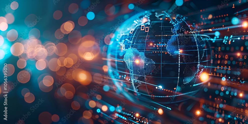 Obraz premium Global Network Visualization with Data Flow 