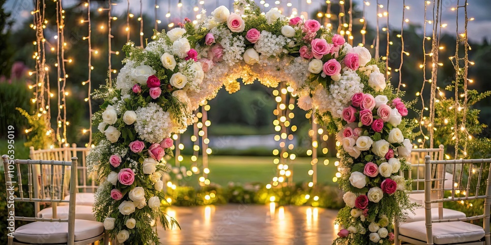 Obraz premium A floral archway adorned with white and pink roses, illuminated by a string of twinkling lights, creates an enchanting backdrop for a special occasion.