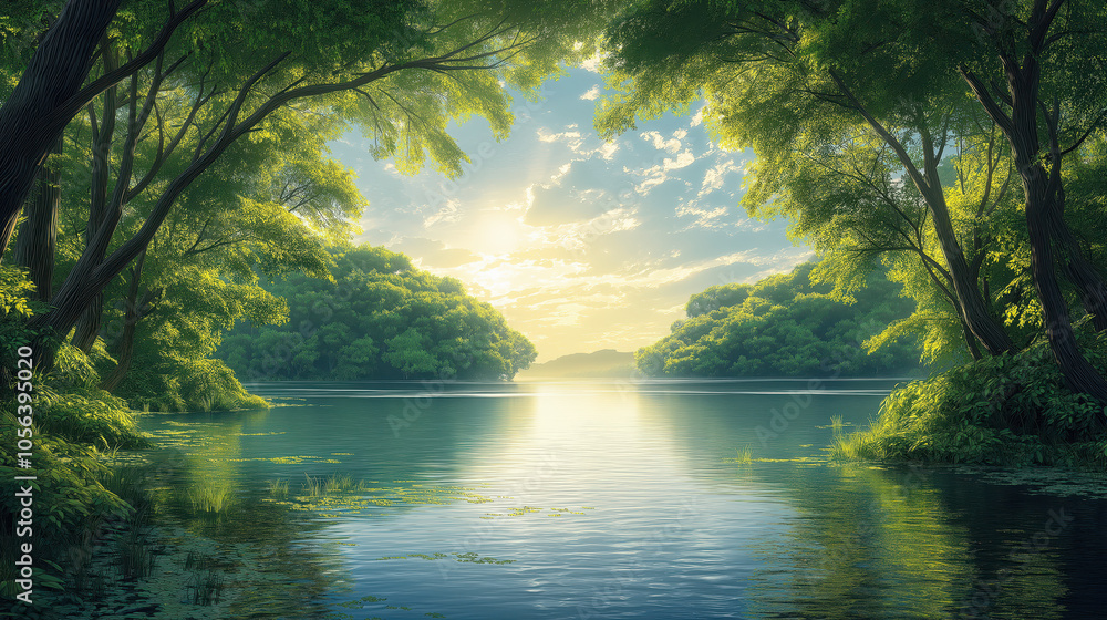 Tranquil sunrise over serene lake surrounded by lush forest Tranquil sunrise over serene lake surrounded by lush forest