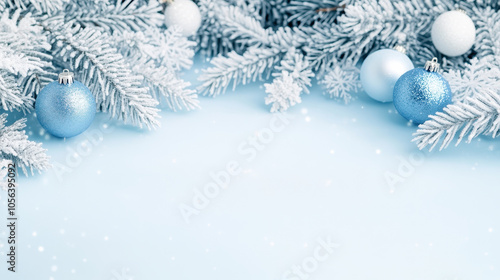 Festive winter background with frosty evergreen branches and blue baubles