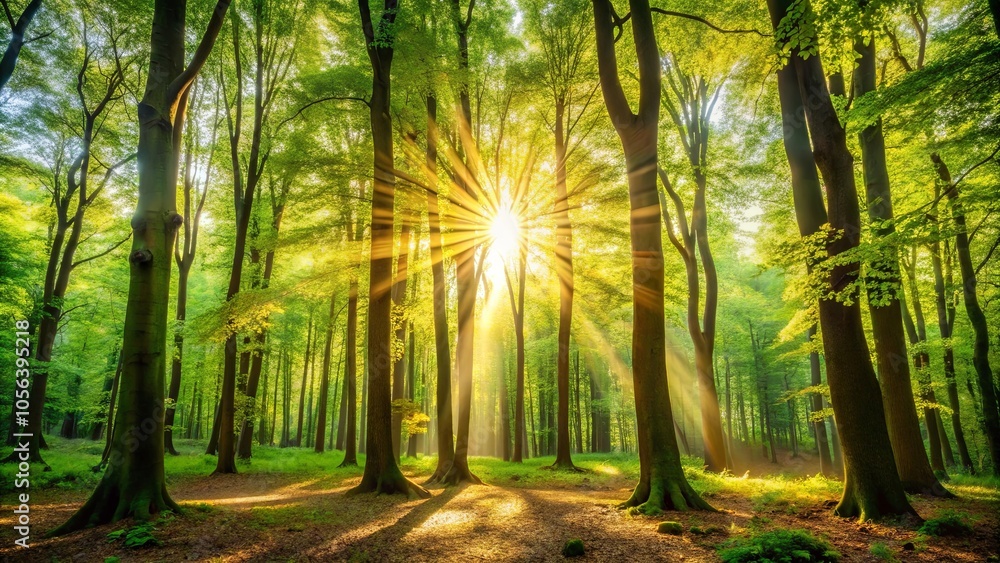 Obraz premium Golden Rays Illuminate a Verdant Forest Canopy, Bathing the Woodland Floor in a Warm, Ethereal Glow