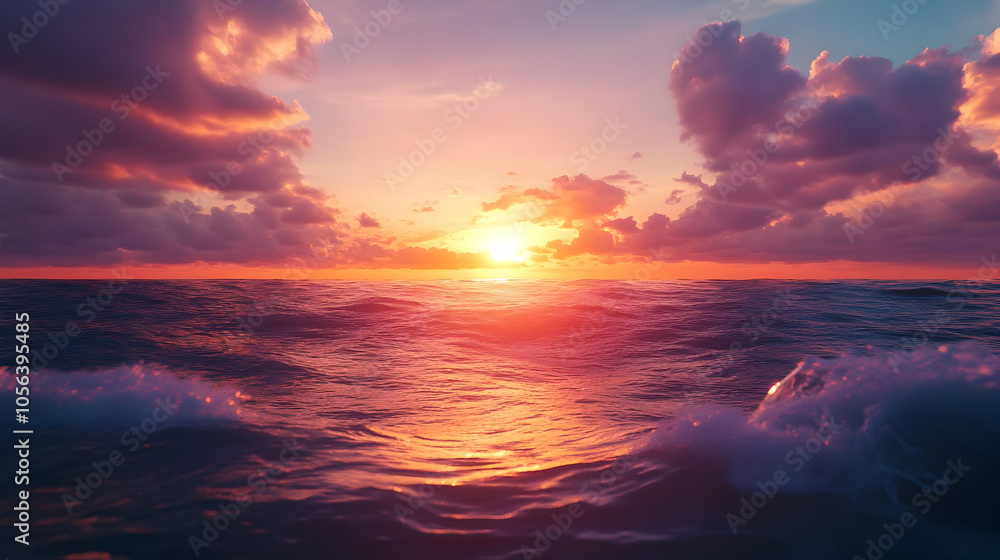 Fototapeta premium Sea Sunset With Pink Clouds Realistic Image