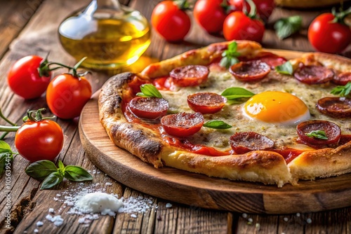 **Macro Photography: Calabrese Sausage Pizza with Tomatoes, Olive Oil, Eggs, and Flour**