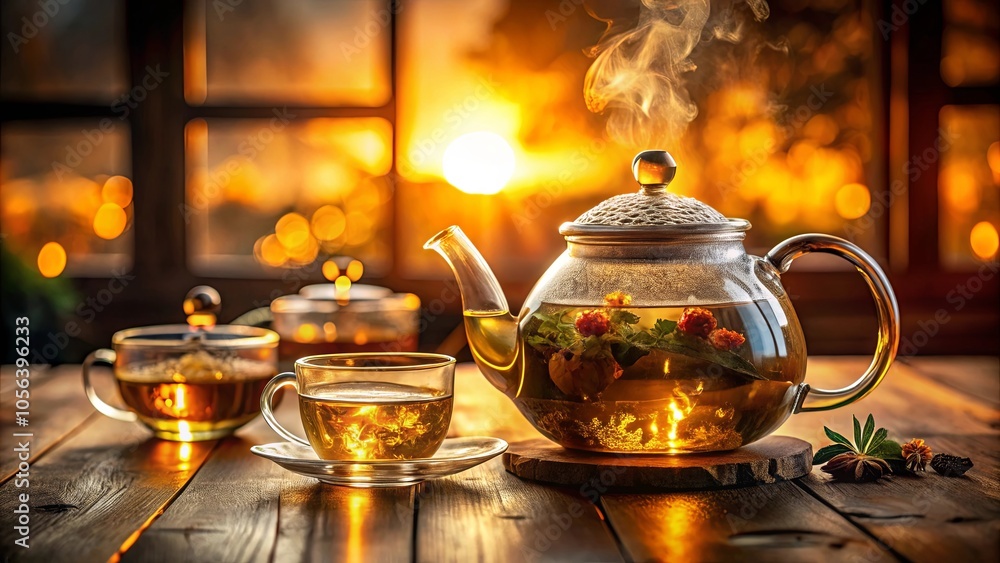A steaming cup of tea in a glass teapot with a warm sunset backdrop, nestled in a cozy wooden setting. A steaming cup of tea in a glass teapot with a warm sunset backdrop, nestled in a cozy wooden setting.