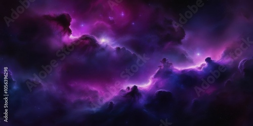 Cosmic nebula, swirling purple clouds, deep space, vibrant colors, ethereal atmosphere, celestial beauty, star formation, galactic storm, mystical energy, dreamlike landscape, astronomical wonder, sur