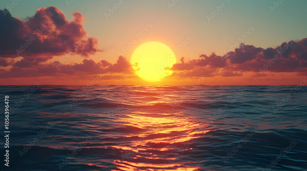 Sea Sunset with Orange and Pink Clouds 3D Illustration Sea Sunset with Orange and Pink Clouds 3D Illustration