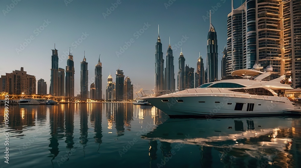 Obraz premium Nighttime view of a marina with luxury yachts and skyscrapers.