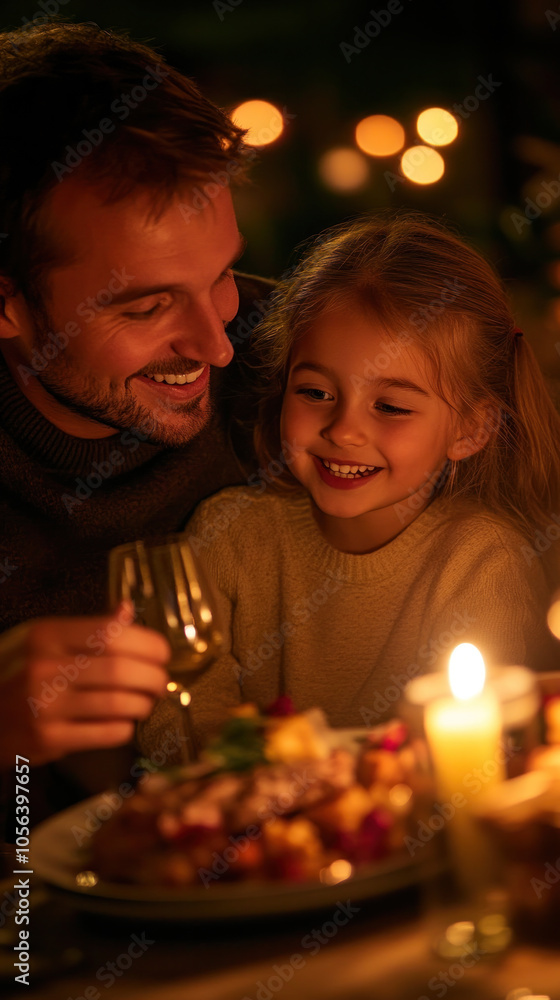 A man and a little girl are sitting at a table with a plate of food in front of them. The man is holding a wine glass and the girl is smiling. Scene is warm and happy A man and a little girl are sitting at a table with a plate of food in front of them. The man is holding a wine glass and the girl is smiling. Scene is warm and happy