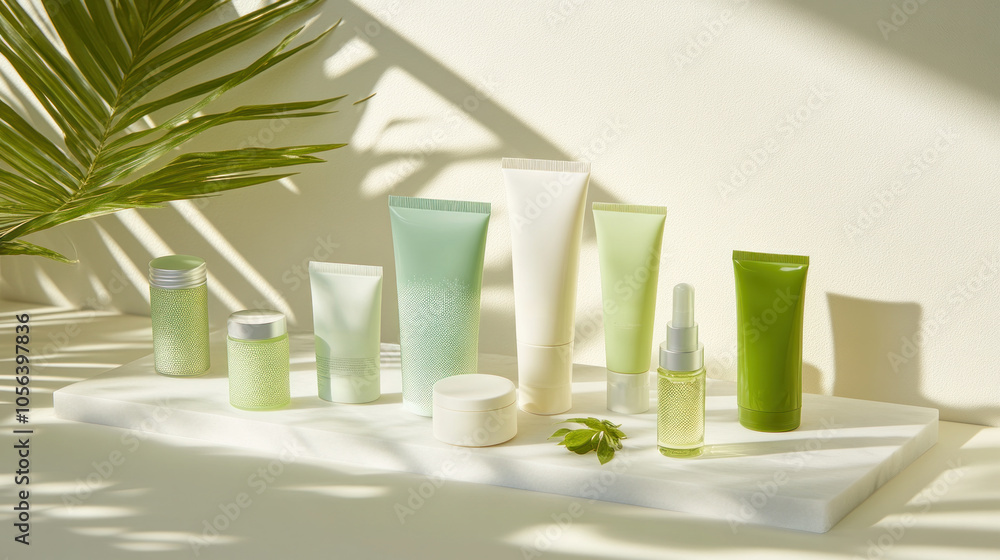 A collection of green beauty products are displayed on a white surface. The products include a bottle of lotion, a bottle of shampoo, and a bottle of conditioner A collection of green beauty products are displayed on a white surface. The products include a bottle of lotion, a bottle of shampoo, and a bottle of conditioner