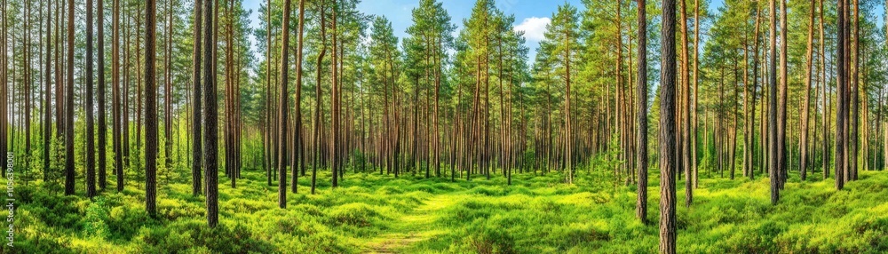 Naklejka premium A serene forest landscape with tall trees and lush greenery under a bright blue sky.