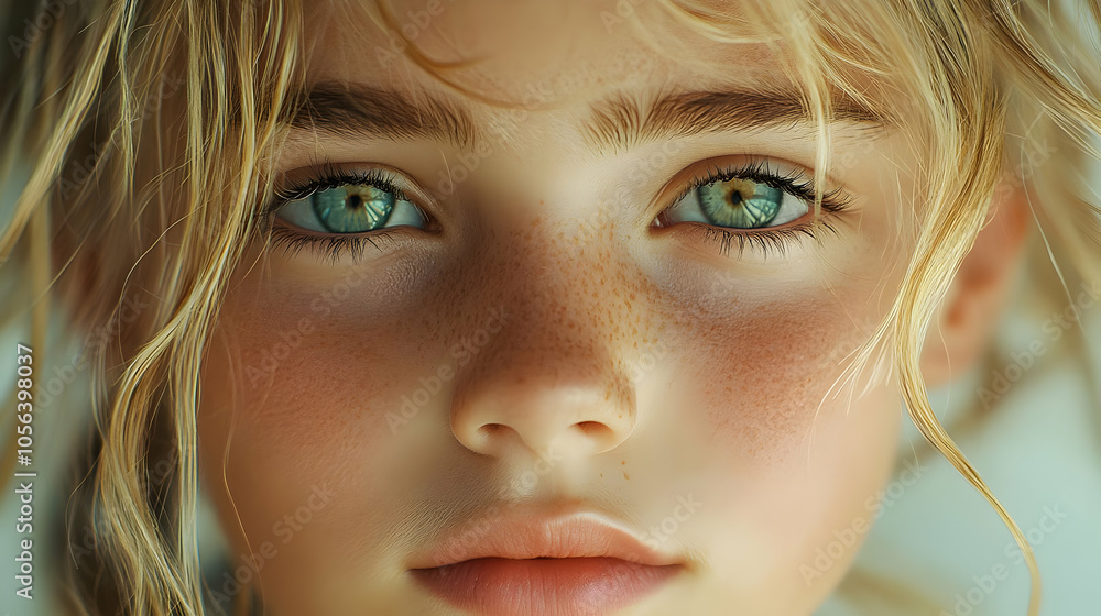 Closeup Portrait of a Young Girl with Blonde Hair and Green Eyes - Illustration Closeup Portrait of a Young Girl with Blonde Hair and Green Eyes - Illustration