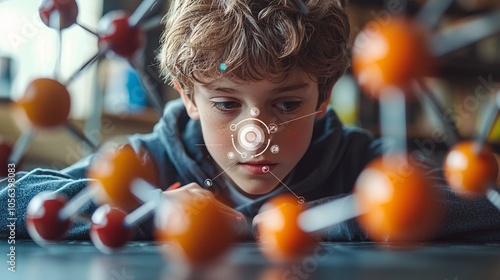 Student exploring atomic structure, 3D model, intricate details, science concept, DSLR, high quality, 16:9