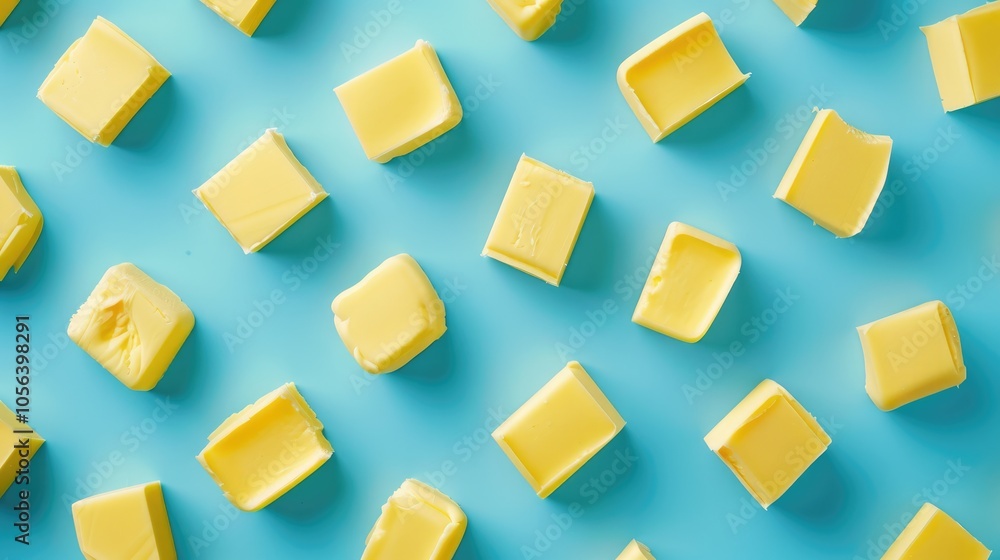 Butter or margarine bricks on blue table in kitchen, top view. Cooking or unhealthy food concept Butter or margarine bricks on blue table in kitchen, top view. Cooking or unhealthy food concept