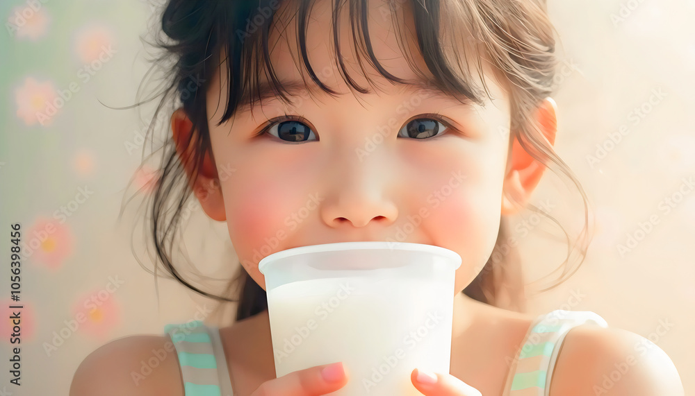 Young Girl Drinking Milk with Blurry Flower Background