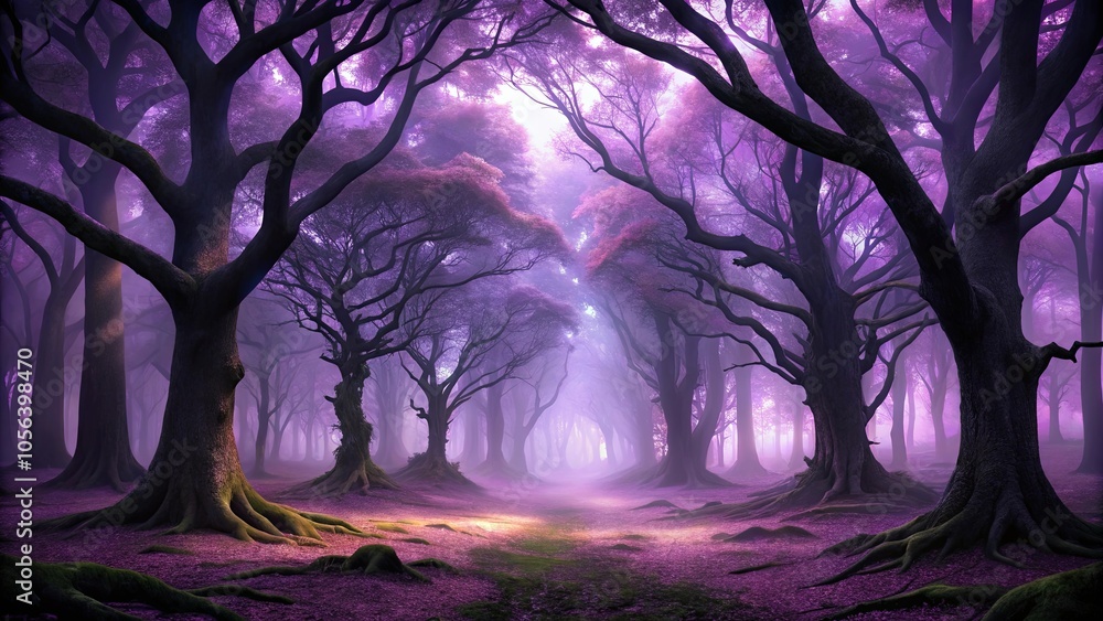 Obraz premium A Mystical Forest Path Enveloped in a Purple Haze, Where Ancient Trees Stand Tall and Roots Intertwine, Creating a Dreamlike Atmosphere