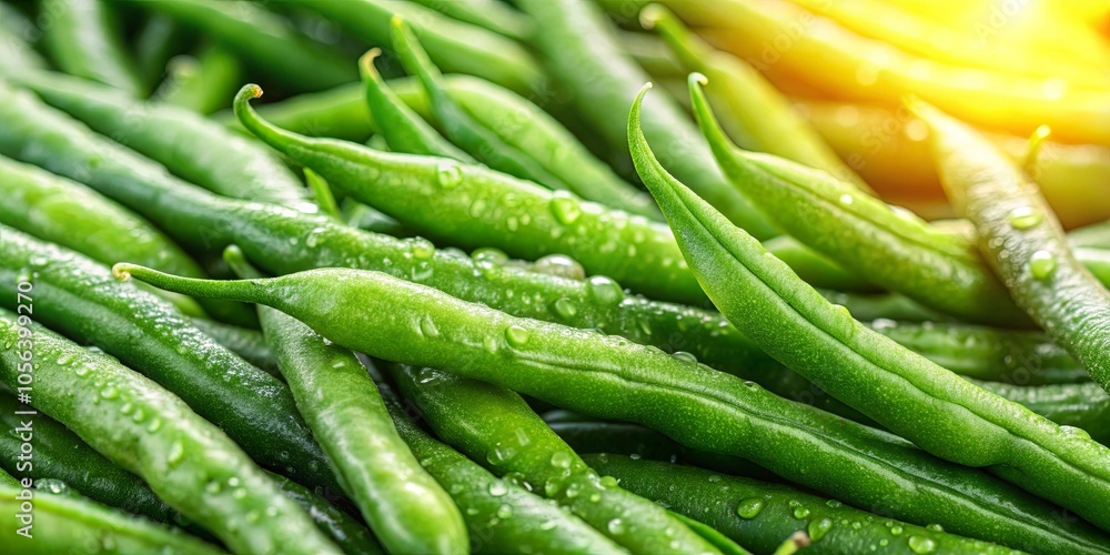 A Close-Up View of Vibrant Green String Beans with Dew Drops Glistening in the Warm Sunlight A Close-Up View of Vibrant Green String Beans with Dew Drops Glistening in the Warm Sunlight