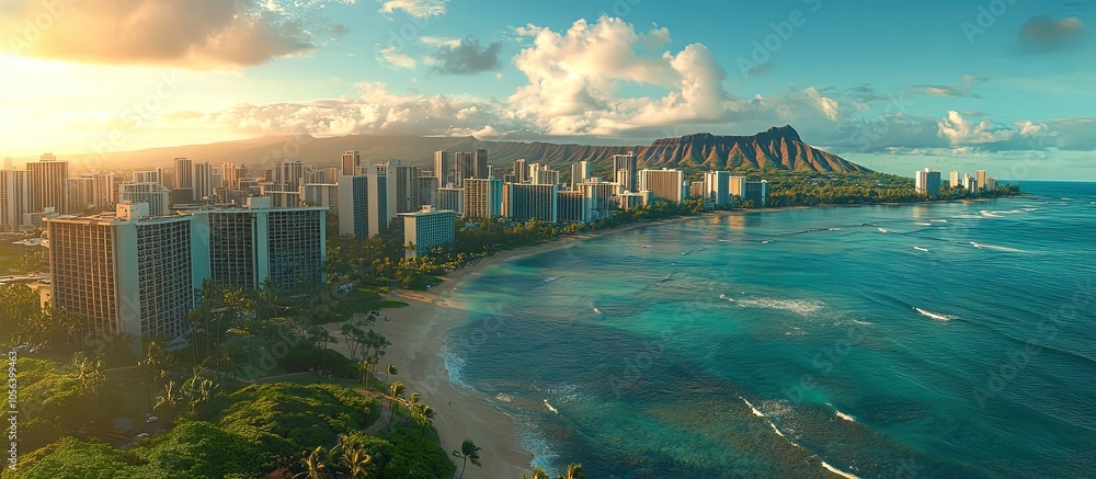 Fototapeta premium Scenic view of a coastal city with mountains and ocean at sunset.