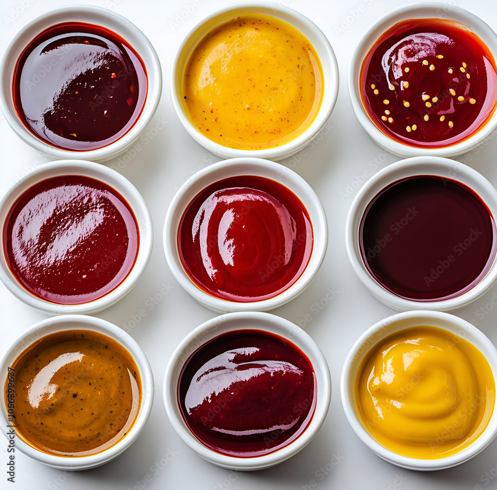 small bowls of different secret sauce, ketchup, mustard and herbal small bowls of different secret sauce, ketchup, mustard and herbal