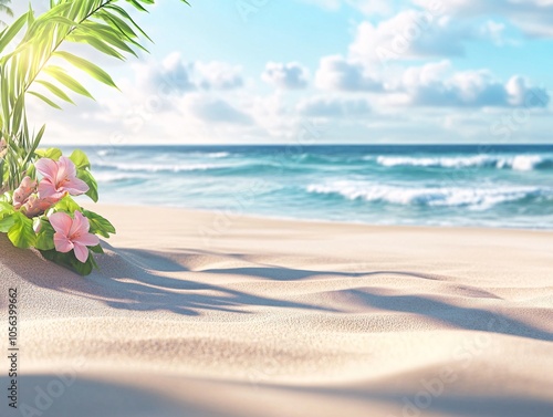 A serene beach scene with soft, white sand, gentle waves, and vibrant tropical flowers, creating a tranquil and inviting atmosphere.