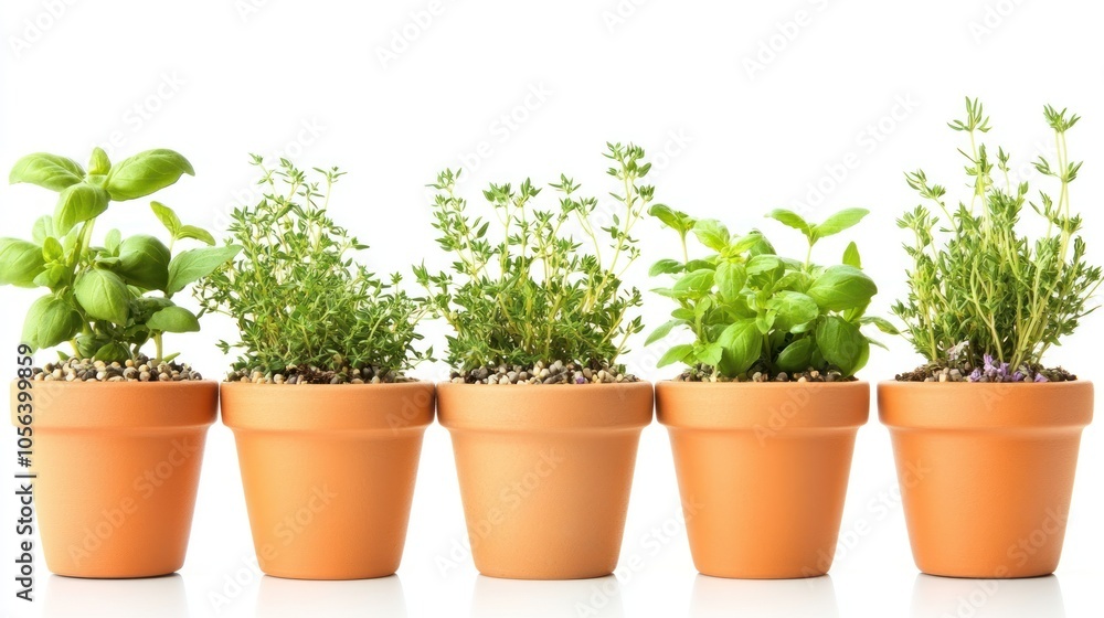 A row of potted herbs showcasing basil, thyme, and other varieties for culinary use. A row of potted herbs showcasing basil, thyme, and other varieties for culinary use.