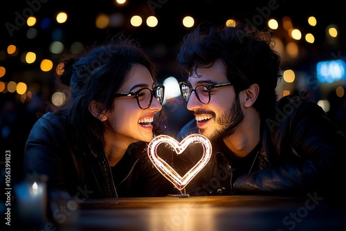 Two people meeting on a blind date, with a mix of curiosity and warmth in their expressions, capturing the anticipation and excitement of a first impression, symbolizing hope and intrigue photo