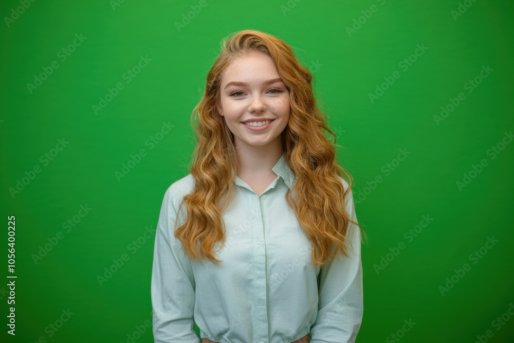 young female model with long, wavy red hair smiles warmly against vibrant green background, exuding confidence and charm young female model with long, wavy red hair smiles warmly against vibrant green background, exuding confidence and charm
