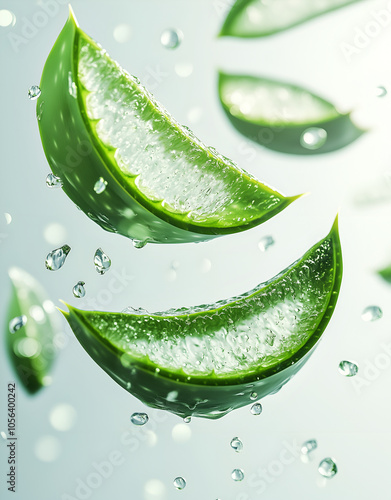 Wallpaper Mural freshly cut pieces of aloe vera, suspended in the air with clear water droplets on them, against a white background Torontodigital.ca