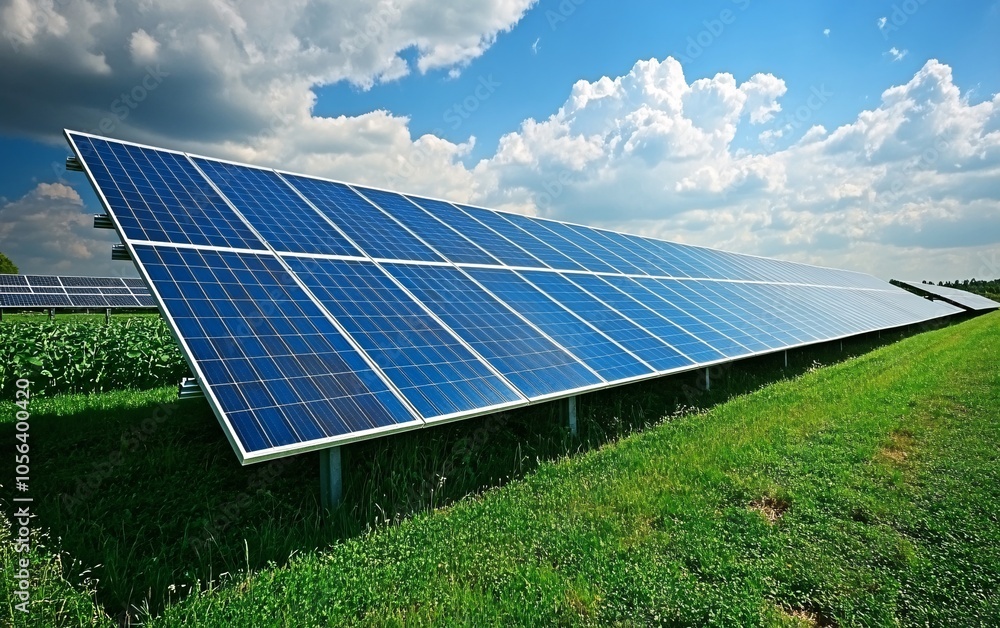 Solar panels harnessing sunlight in a vibrant green field under a bright blue sky with fluffy clouds, showcasing renewable energy solutions.